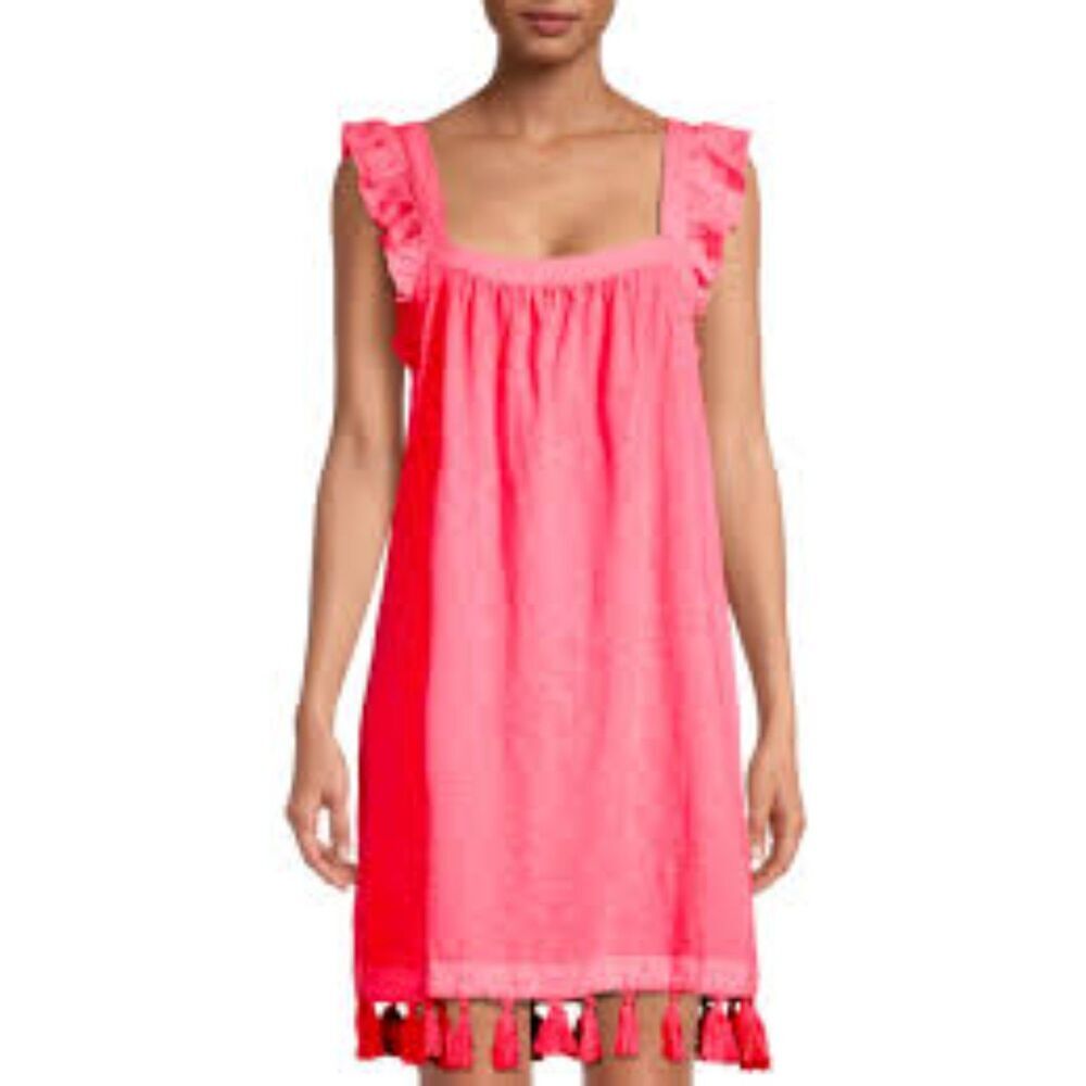Pink Tassel Hem Cover Up Dress Women’s Ruffle Sleeve Beach Mini Dress